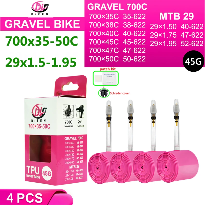 DiFEN TPU Schlauch 700C GRAVEL Bike 700x35-50C für 35C 38C 40C 45C 50C Reifen Fahrradkamera MTB 29x1.5-1.95 Pneu Aro Reifen 45G