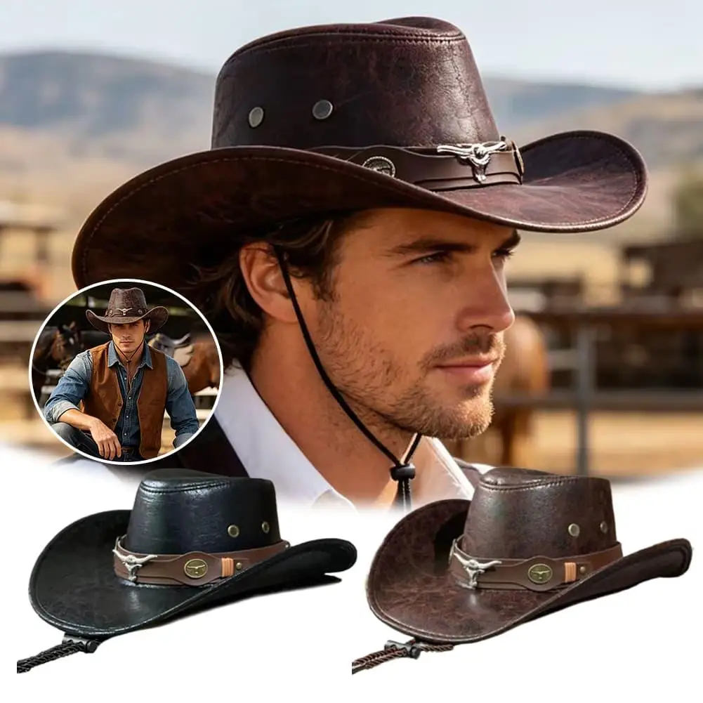 Retro Leather Cowboy Hats For Men Western Style Large-brimmed Sunshade Fashion Outdoor Travel Fishing Hat Belt Rivet Knight Hat