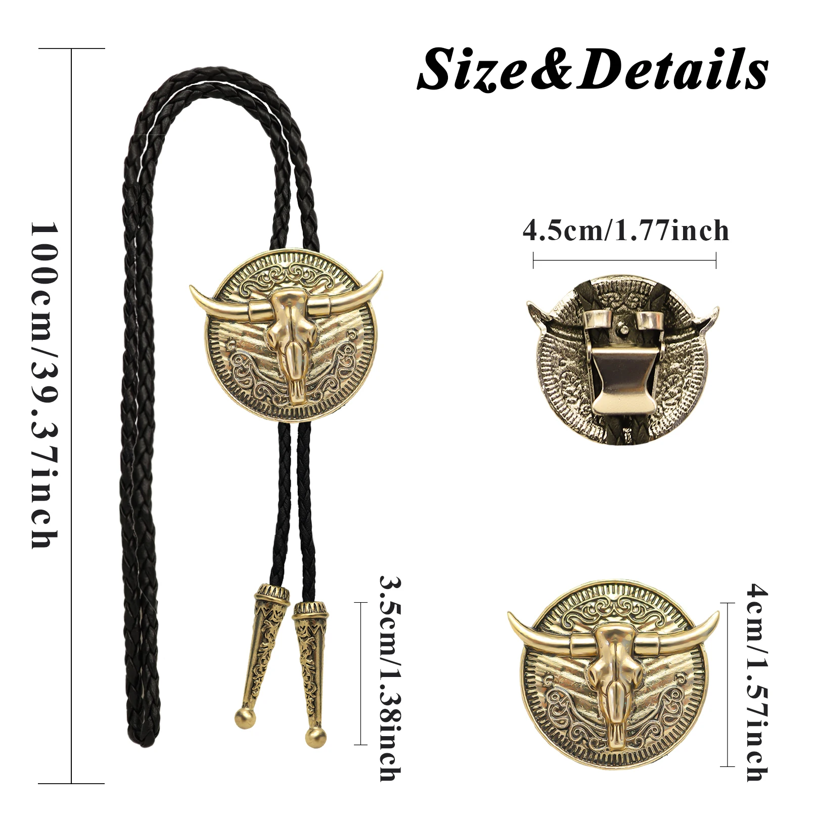 Herren Western Vintage Bolo Krawatte Kuh Totenkopf Design Schwarz Leder Seil Cowboy Krawatte mit Stierkopf Anhänger Schmuck Geschenk Unisex – Detail 9