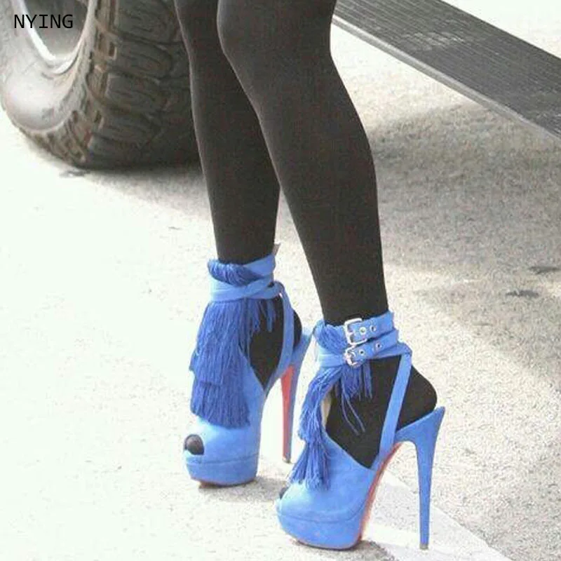 Women Summer Blue Suede Fringe Ankle Strap Peep Toe Platform Stiletto Heel Sandals, Buckle Wrap Around High Heels 44