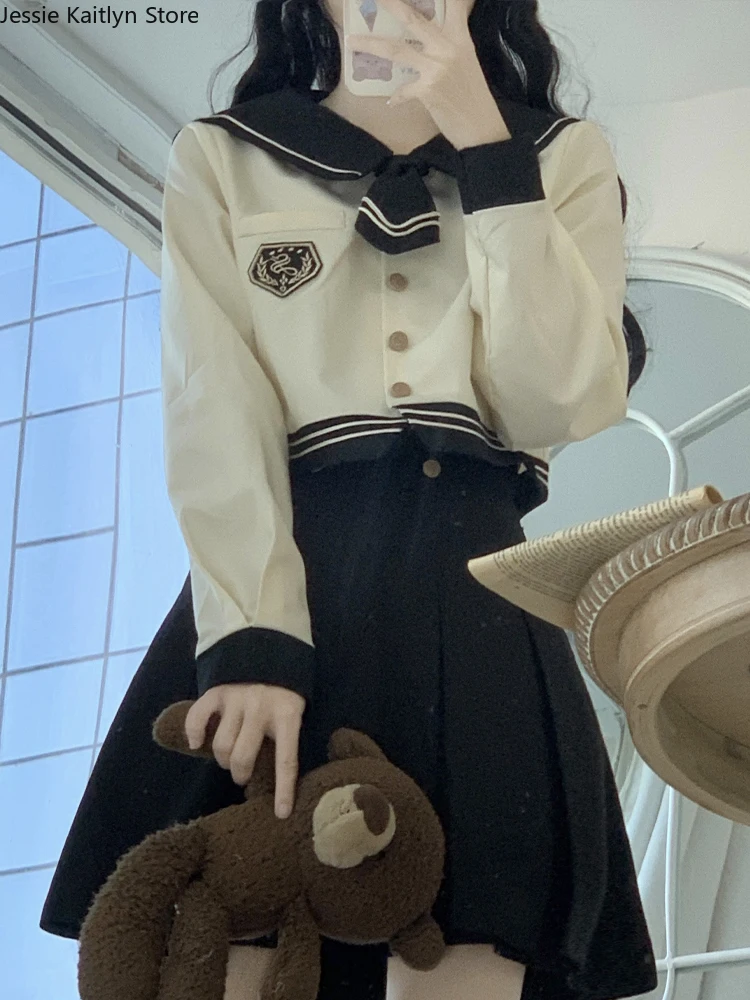 Uniforme Escolar Kawaii Japonês para Mulheres, Cosplay Garota Bonita, Uniforme JK, Manga Comprida, Top de Marinheiro, Mini Conjunto de Saia Plissada, Outono, Coréia