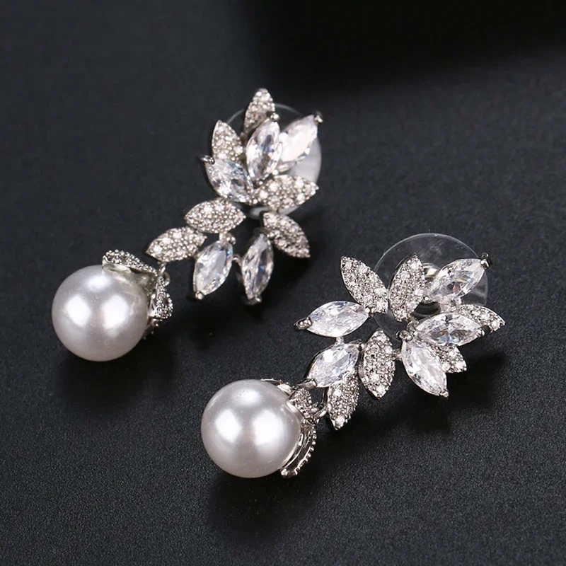 LXOEN Bohemian Sterling Pearl Jewelry Cubic Zirconia CZ Drop Pearl Earrings for Women Anniversary Birthday Idea Gift