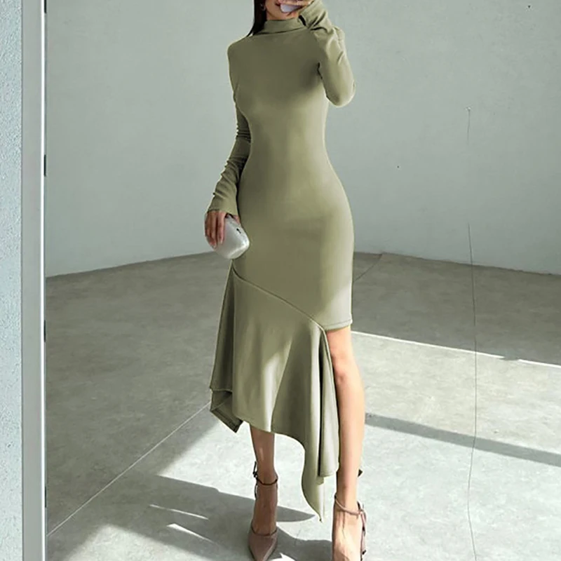 New Autumn Sexy Side Split Swing Dress Fashion Long Sleeved Solid Color Office Dress Elegant Half High Collar Slim Women's Dress