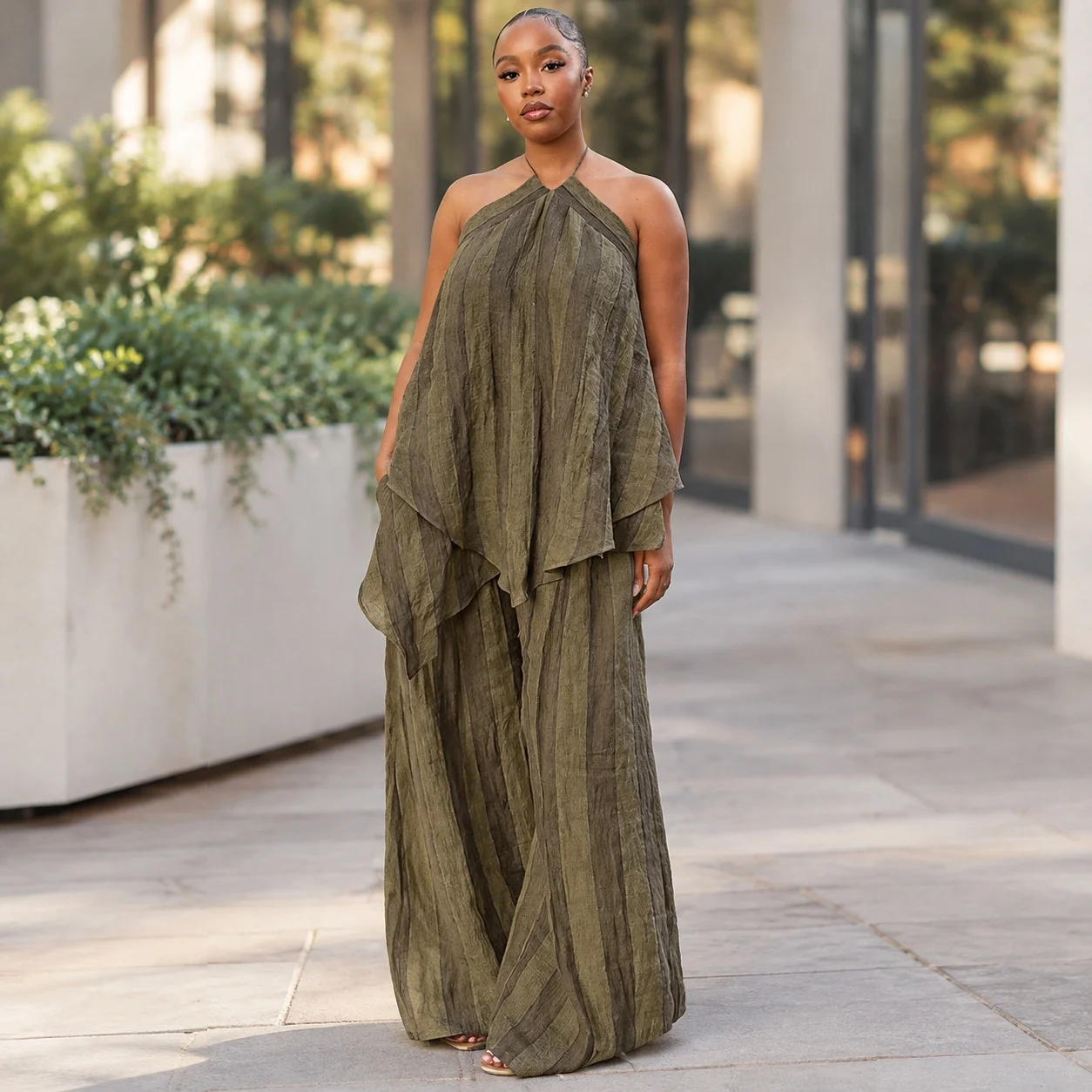 No Sleeve Sleeveless Set with Full Length Long Pants Sweet Style Women Matching Sets Spring Summer Autumn Winter Striped Pattern