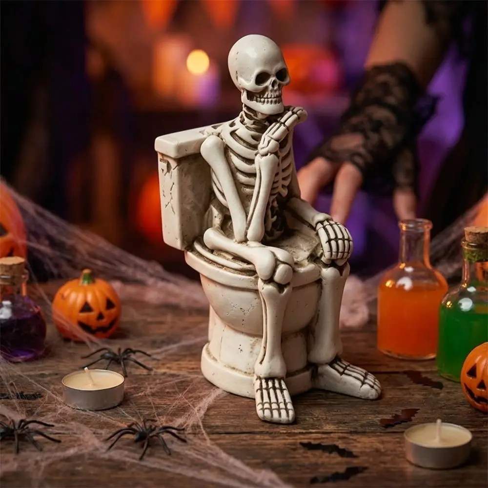 Vintage Skeleton on Toilet Figurine Resin Spooky Atmosphere Thinking Skeleton Ornament Funny Gothic Whimsical Skeleton Figure