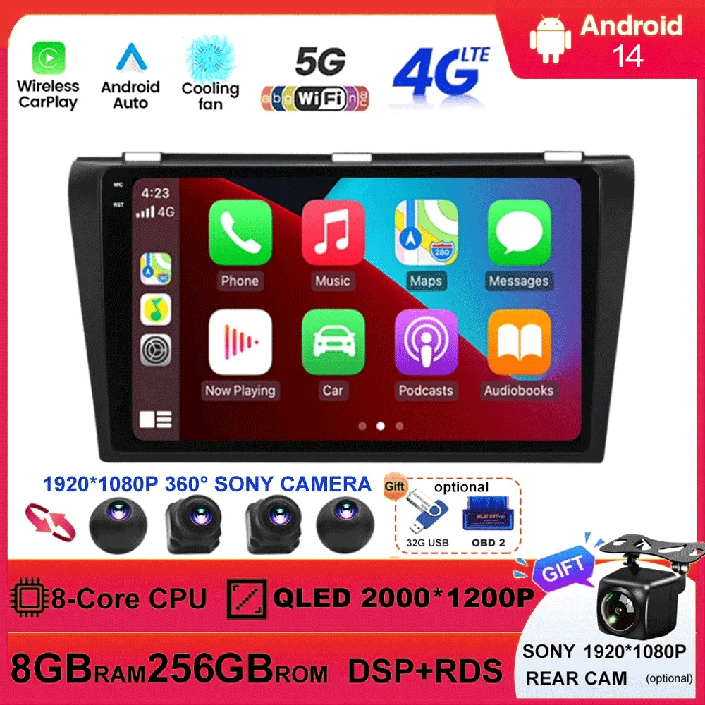 Android 14 For Mazda 3 2004-2009 Car Radio Multimedia Player Stereo Navigation with BOSE Carplay Speakers Head Unit Video 2 Din