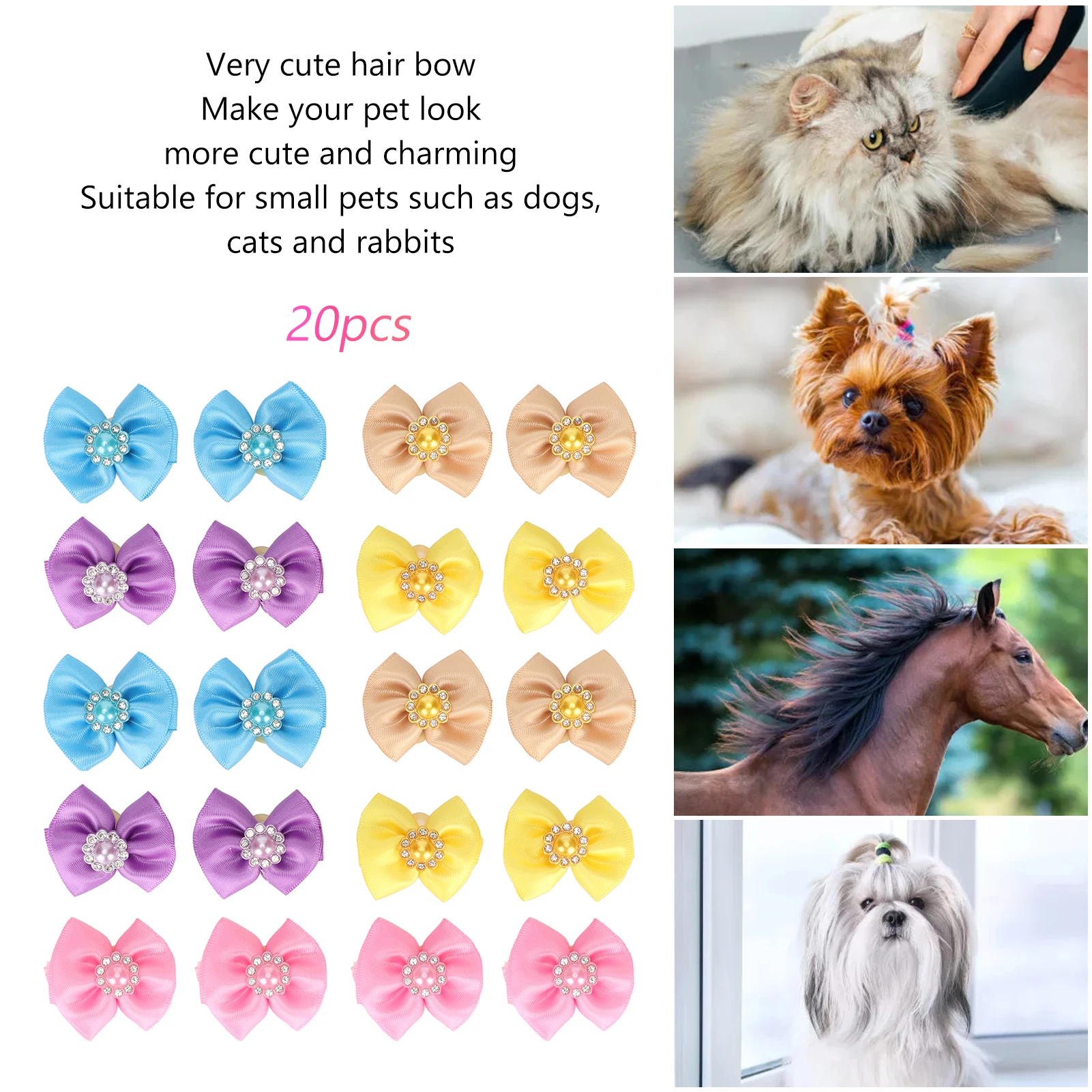 20pcs Pet Hair Bows Cute Mixed Colors Small Dog Topknots With Rubber Band For Puppy Cats Rabbits