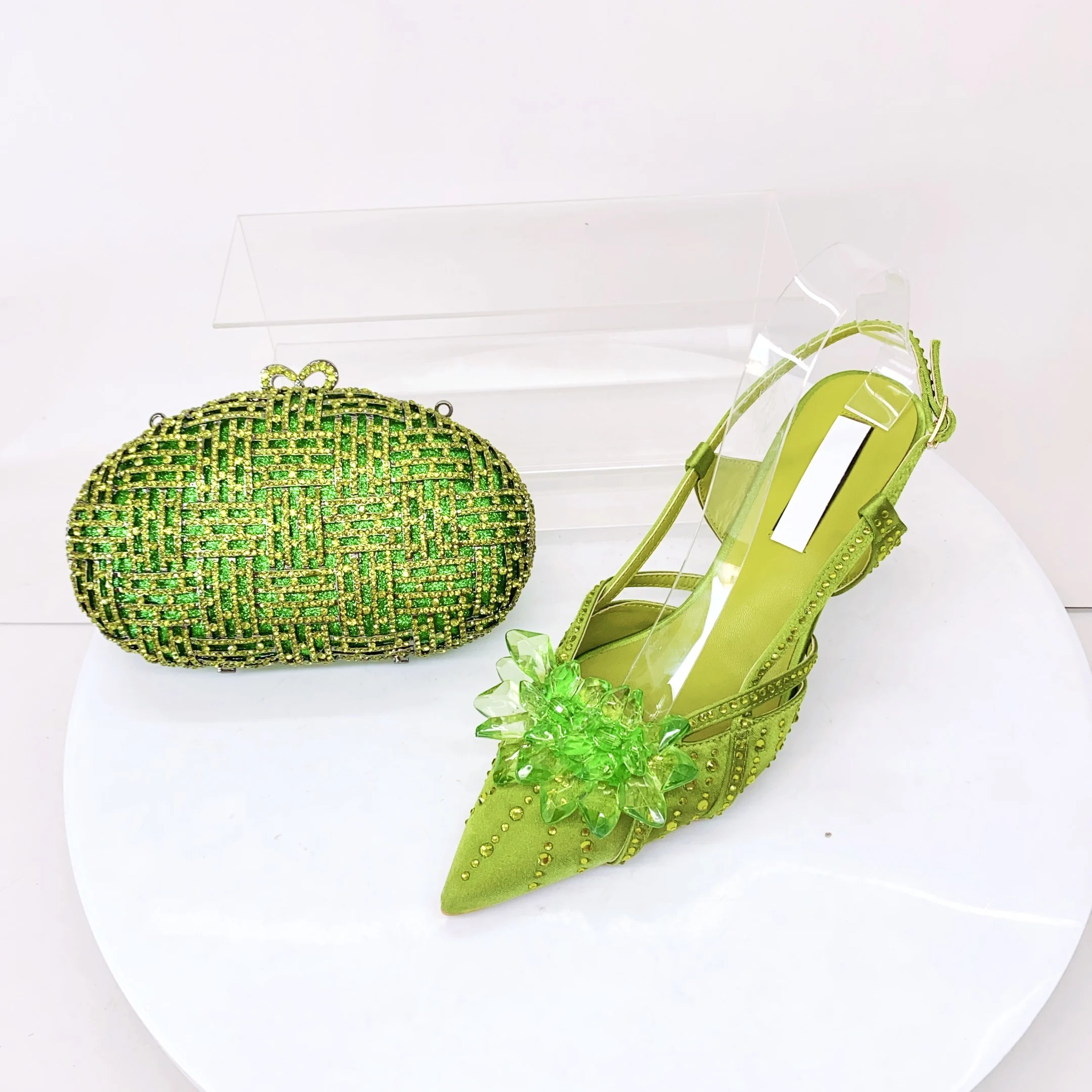 

LNATISNOVA Сандалии на высоком каблуке для женщин Роскошный дизайнерский зеленый цвет с бриллиантами и острым носком Свадебные туфли и комплект сумок для вечеринки