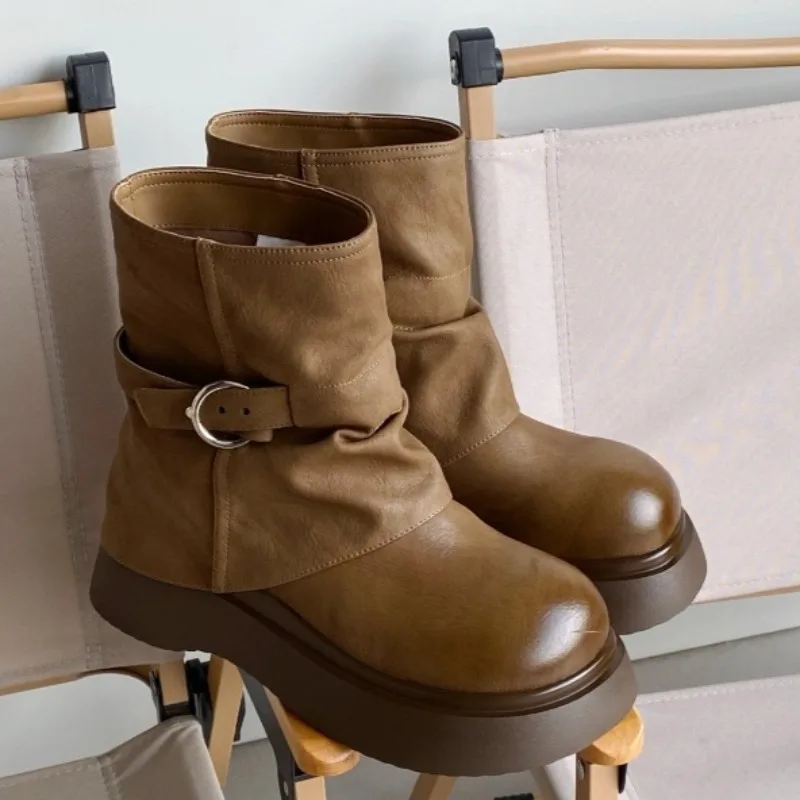 

Flats Women Platform Ankle Boots Fashion Leather 2025 Designer Shoes Winter Buckle Short Boots Elegant Dress Zapatillas Mujer