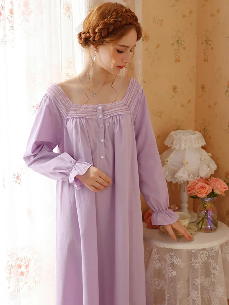 French Victorian Princess Cotton Lace Nightgown Women Sweet Girls Spring Autumn Long Sleeve Vintage Pajamas Sleepwear Nightwear