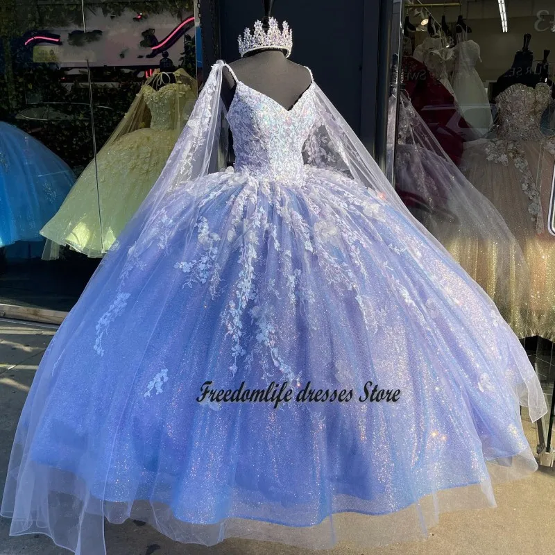 Cara & Alan Elegant Quinceanera กับ Cape ลูกไม้ Applique Vestido Para 15ปี2022เลื่อมหวาน16พรหม Gowns