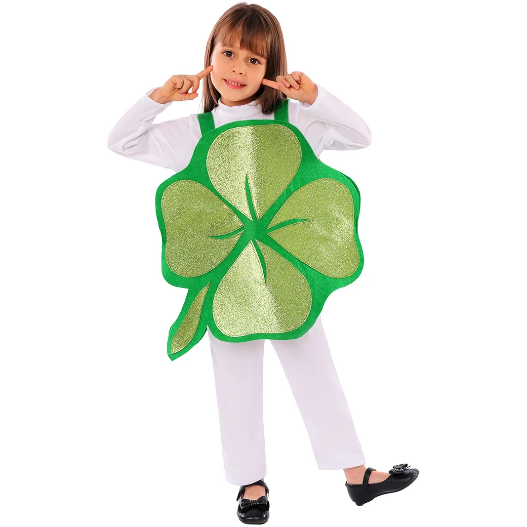 Irish Festival Children Cosplay Costume Lucky Grass Printing Girl Suit Holiday Party Stage School Festival Overclothes Clothes