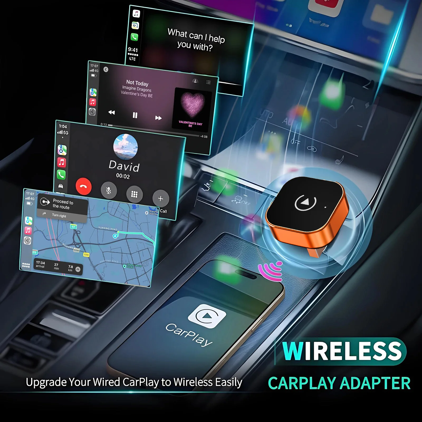 2026 Latest Color Apple Orange 2-in-1 Wireless Carplay Adapter Supports Apple Android Phone Compatible with Wired Carplay Models