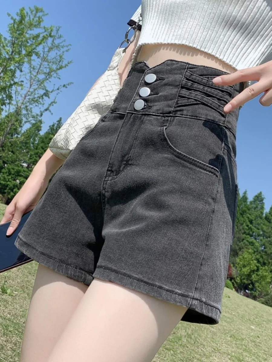 Pantaloni elastici estivi da donna a vita alta con gamba larga Bla Denim Ords con dettaglio bottoni Pantaloni caldi dimagranti per il controllo della pancia