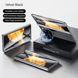 Honor Magic V3 용 고급 소가죽 케이스 및 필름 통합 중심축 힌지 렌즈 브래킷 보호 케이스, Honor Magic V3S 용