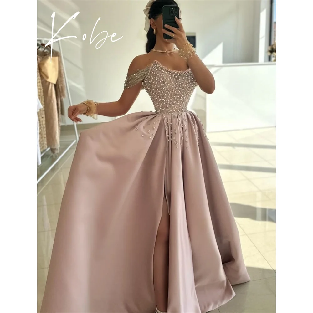 

Kobe Pink A-Line Prom Dresses Off Shoulder Sleeveless Customized فساتين سهرات Beaded Floor-Length vestido de gala noche mujer