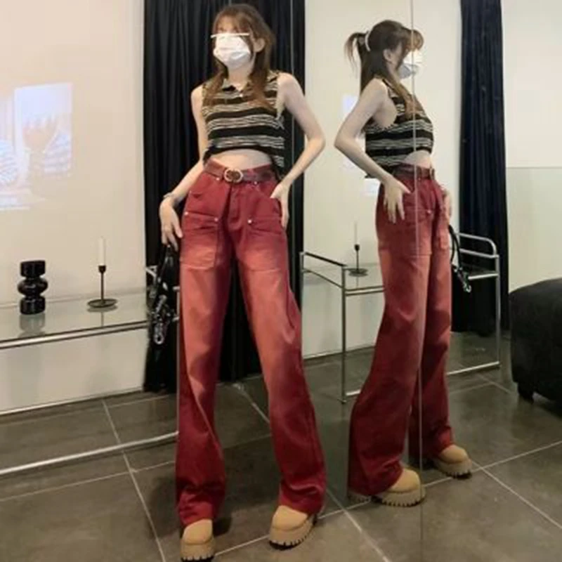 Red Pants woman Streetwear Baggy Jeans High Waist Boyfriend Style Y2k Vintage Washed Distressed  Wide Leg Mopping Denim Trousers