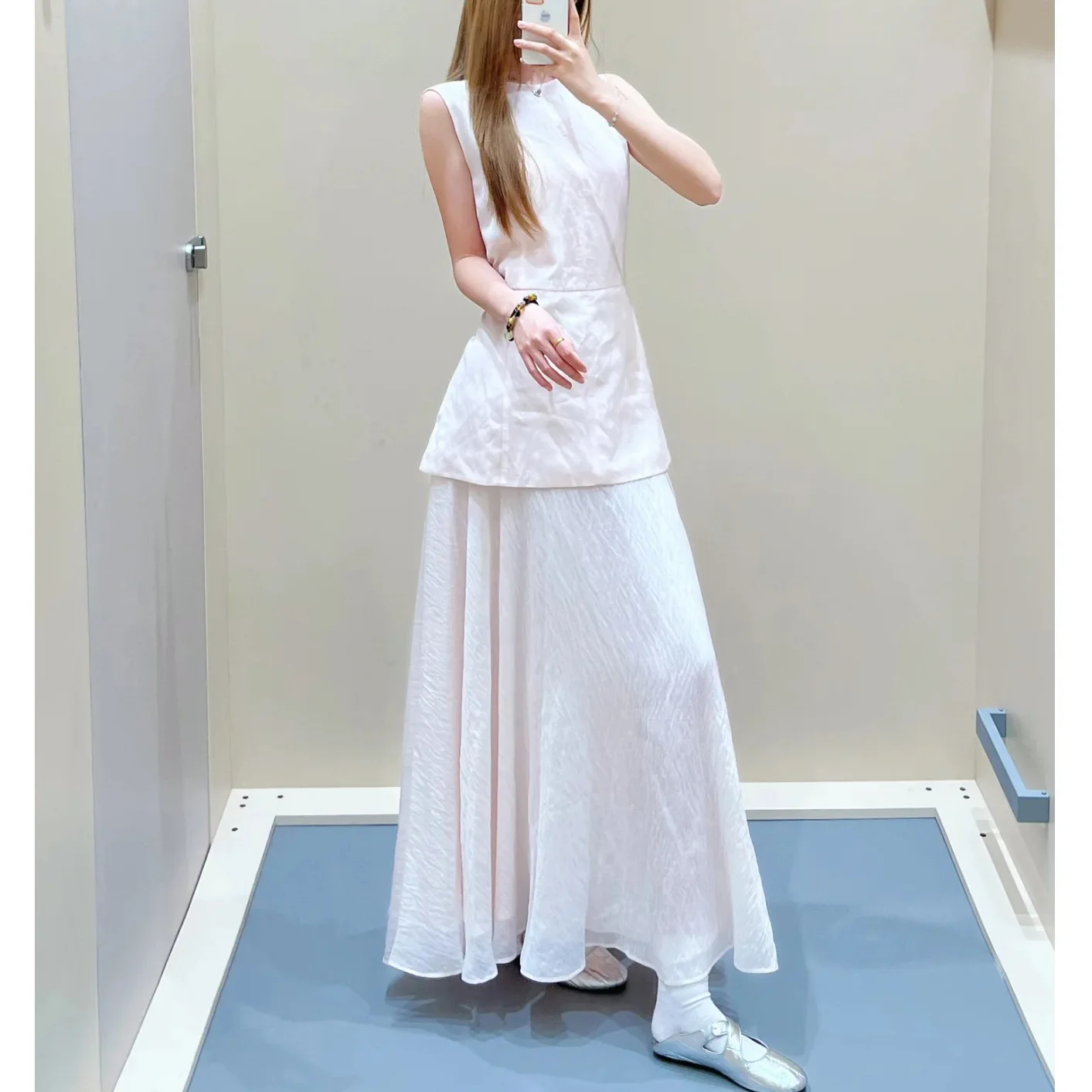 Pink Layered Ruffle Svel Dr Women's Faion Spring Summer New Arrival Single Piece Long Pants round Neline A-ade...