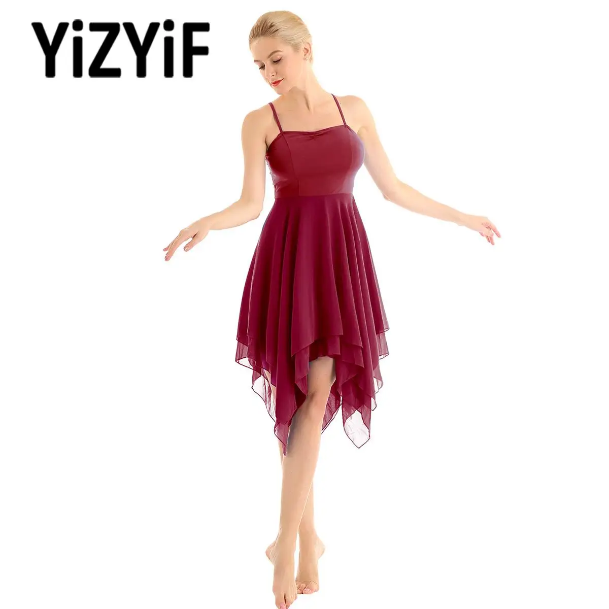 

Women Ballet Dress Ballerina Gymnastic Dress Adult Ballet Spaghetti Strap Sleeveless Asymmetric Chiffon Contemporary Dance Dress