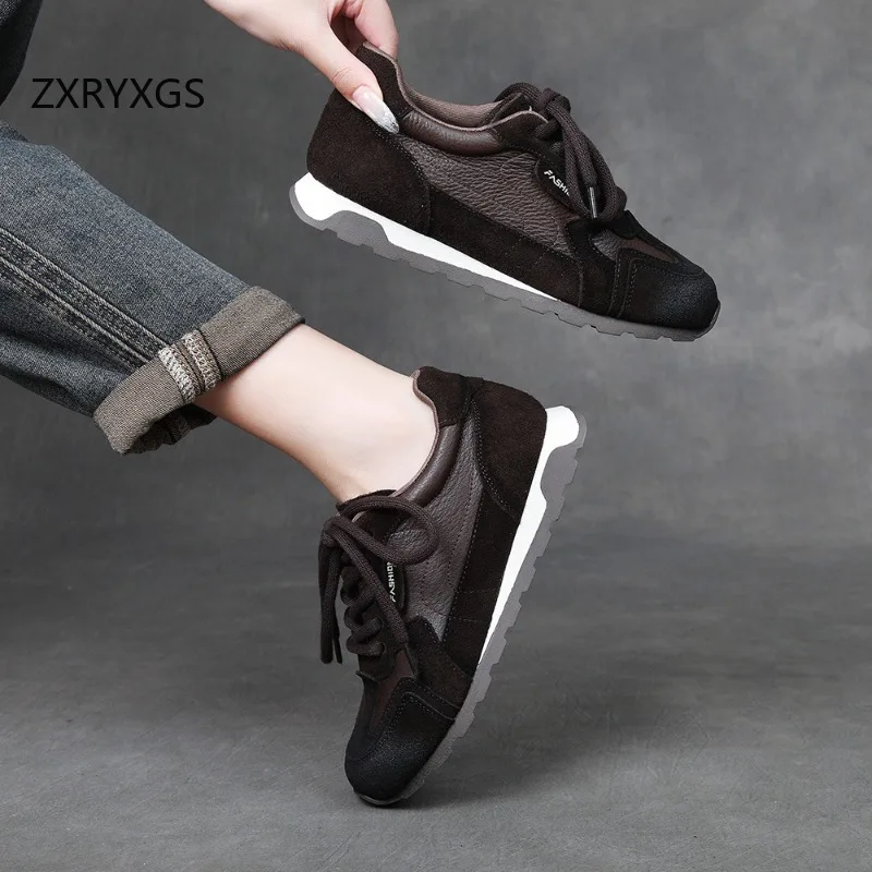 ZXRYXGS Classic Retro Lace-up Top Cowhide Splicing Spell Color Women Sneakers Fashion Casual Shoes Flat Non-slip Trend Shoe 2026
