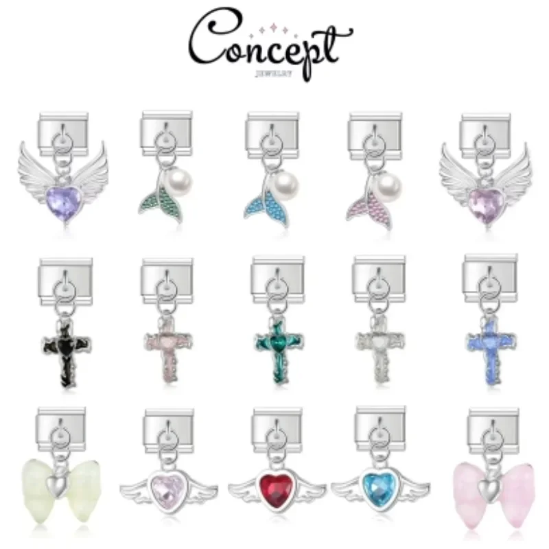 CONCEPT New Original Color Cross Love Wings DIY Links Fit 9mm Italian Charm Elastic Modular Bracelet Stainless Steel Jewelry