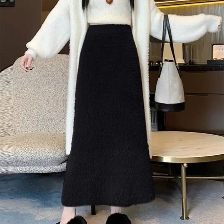 

Женская вязаная юбка-русалка средней длины в корейском стиле, большие размеры, осенне-зимняя, скрывающая бедра, длина до колена