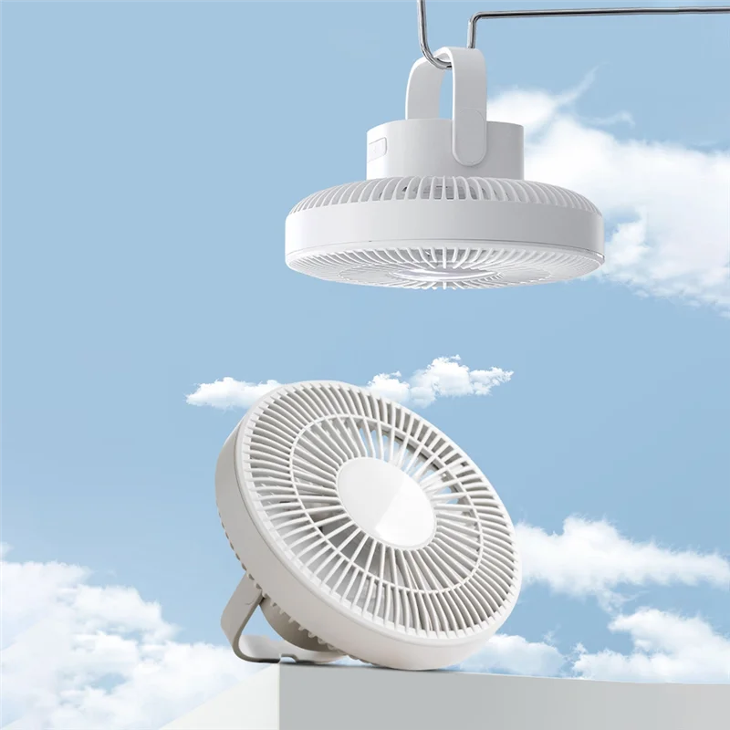 Ventilador de aire para acampar al aire libre con lámpara LED, Control remoto, Ventilador de techo recargable por USB, Ventilador de pared de 3 engranajes, gris