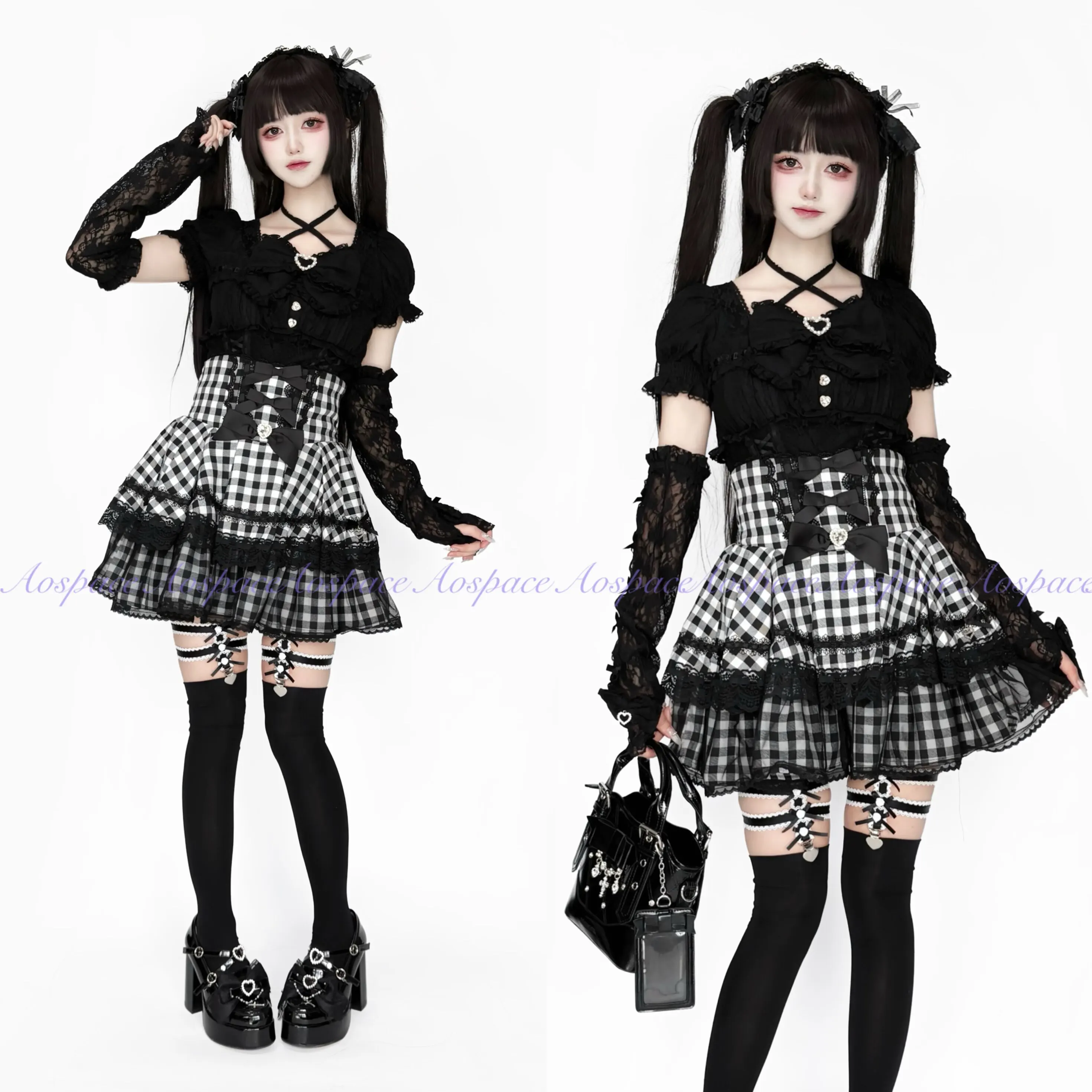 Gothic Black White Gingham High Waist Mini Skirt Black Satin Bows Rhinestone Heart Decor Tiered Lace Ruffle Tulle Short Skirt