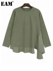 [EAM] Women Green Irregular Hem Big Size Casual T-shirt New Round Neck Long Sleeve Fashion Tide Spring Autumn 2024 1DH6929