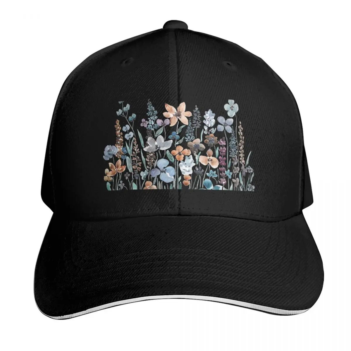 watercolor blue brown wildflower field Baseball Cap Strapback Dad Hat Six Panel Structured Crown Sun Protection UPF 50+