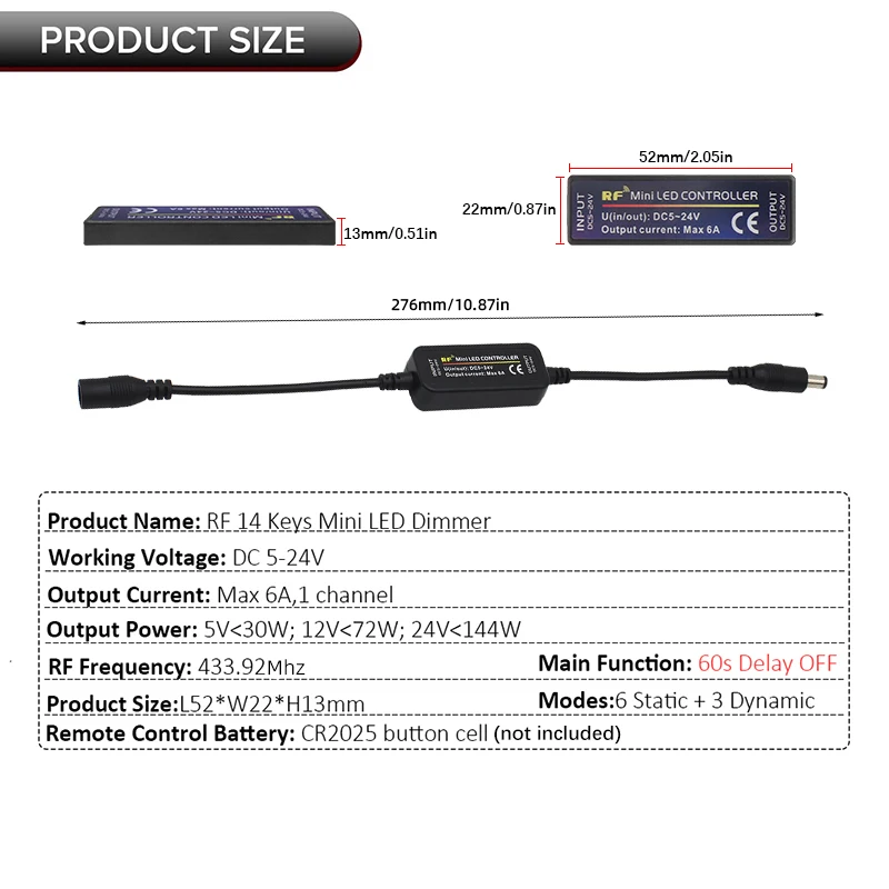 Mini LED Dimmer DC5-24V 6A Wireless RF Controller Switch 14 Key Remote Control Single Color 3528 5050 2835 COB LED Strip Light