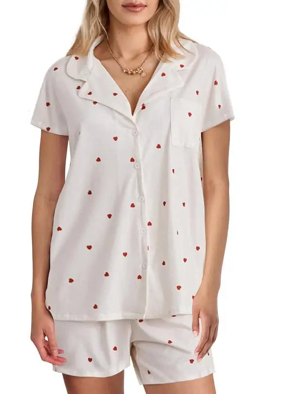 

New Womens Summer Pajama Set Lapel Neck Button Down Short Sleeve Tops + Elastic Waist Shorts Heart Print 2 Piece Lounge Outfits