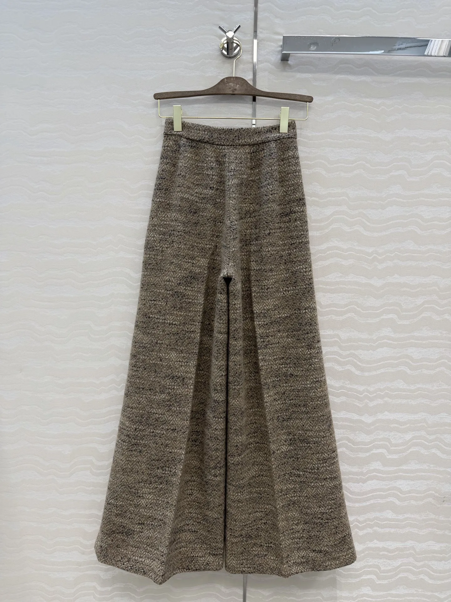 Women Wool Woven Tweed High Waist Wide Leg Suit Pants Custom Waist Patch