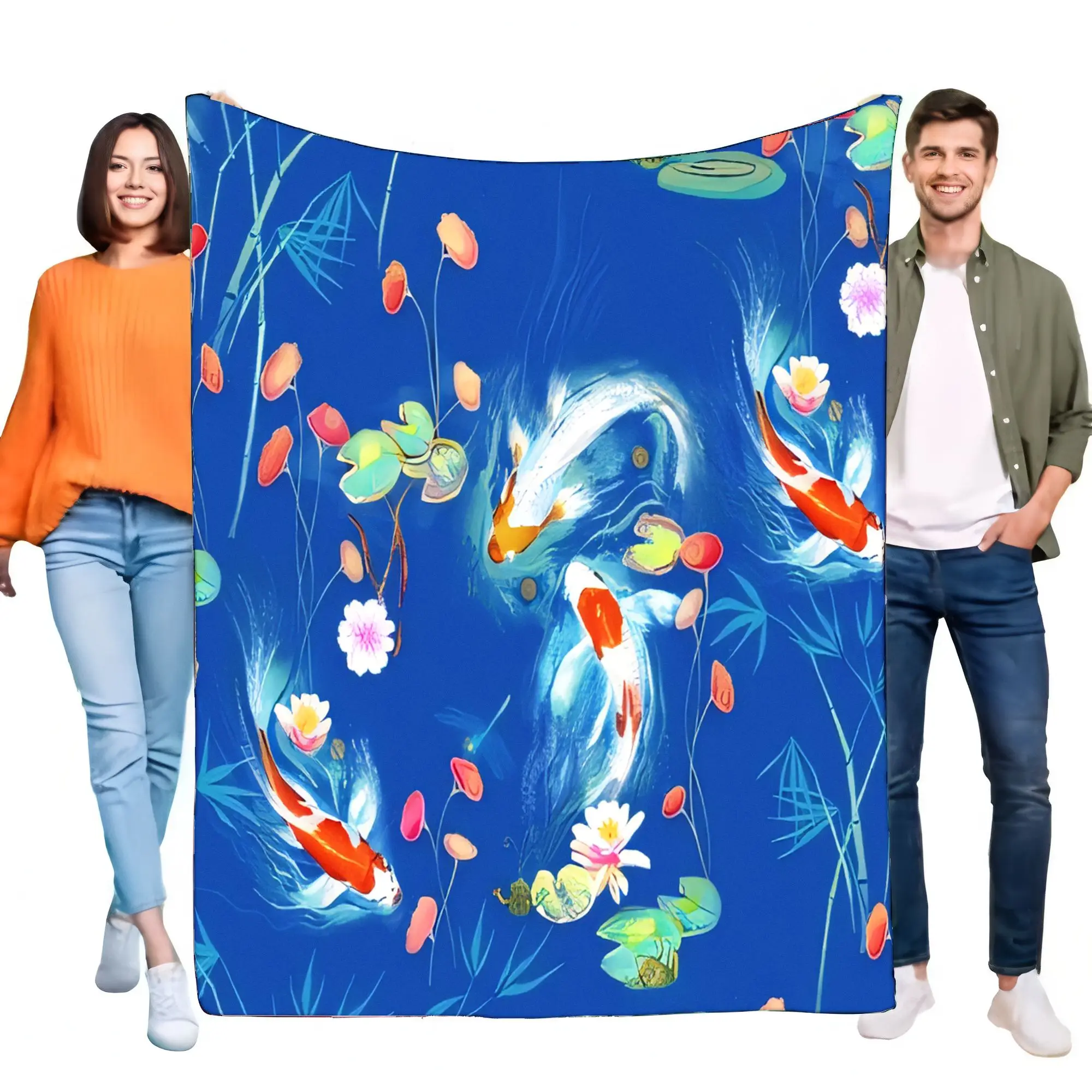 Vibrant Blue Koi Fish Lotus Pond Blanket Soft Flannel Throw, Oriental Lucky Carp Water Lilies Art Cozy Sofa Bed Decor Gift