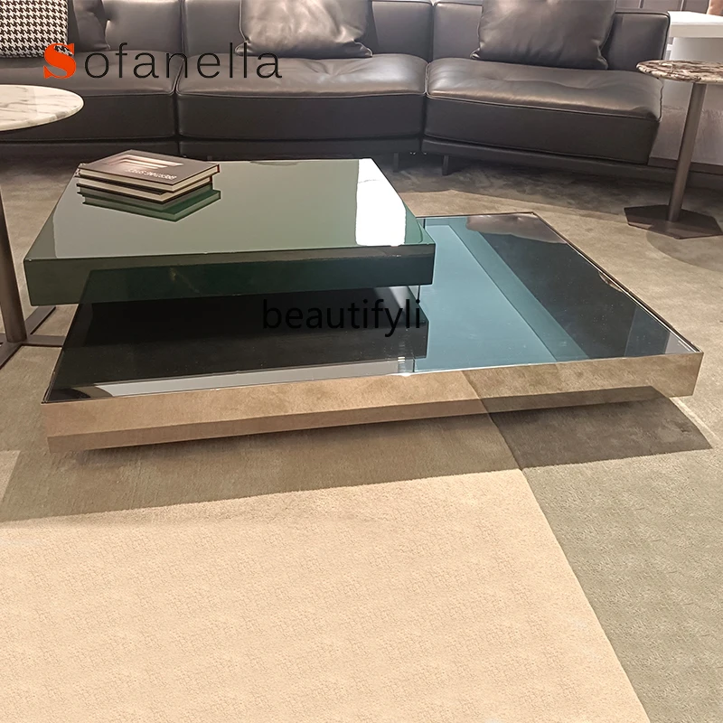 

Italian solid steel rotating coffee table light luxury long table coffee table