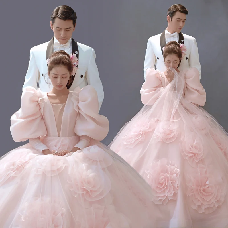 

Новое свадебное платье 2026 года с пышными рукавами и пышной юбкой в корейском стиле, костюм для фотосессии для пар, тюлевое платье для фотосъемки