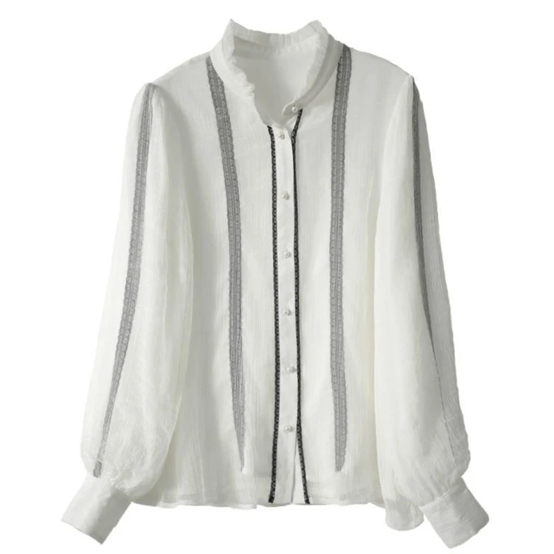 Spring Autumn Elegant Fashion Ruffles Stand Collar Patchwork Shirt Lady Long Sleeve Loose Casual All-match Blouse Femme Cardigan