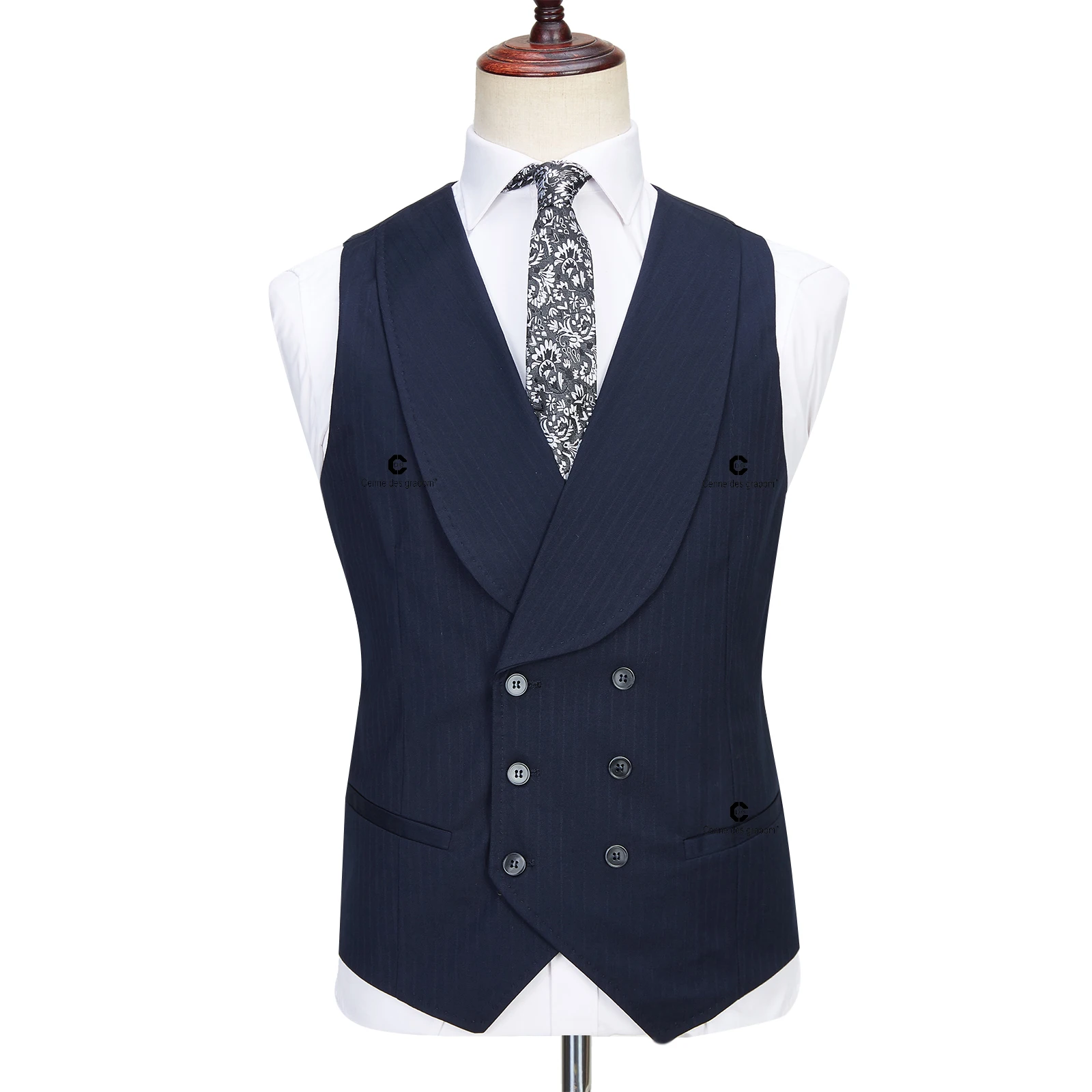 Cenne Des Graoom Dark Blue Pinstripe 3 Piece Classic Men Suits Blazer Vest Pants Peak Lapel Formal Business Prom Wedding Dress