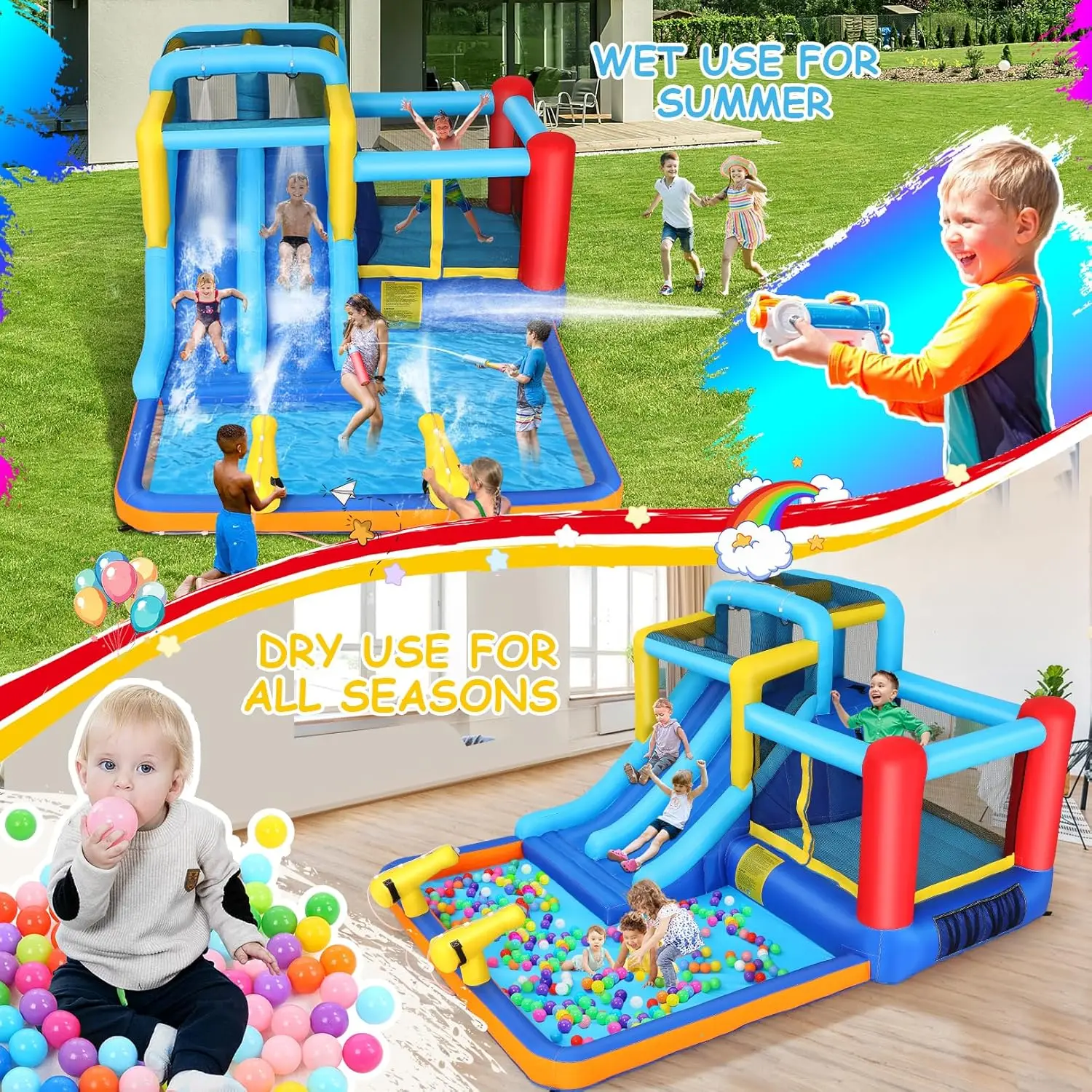 12x10 FT Inflatable Dual Slide Water Bounce House for Kids Backyard, Jump and Slide Inflatable Water Park w/ 2 Slides, Giant Spl
