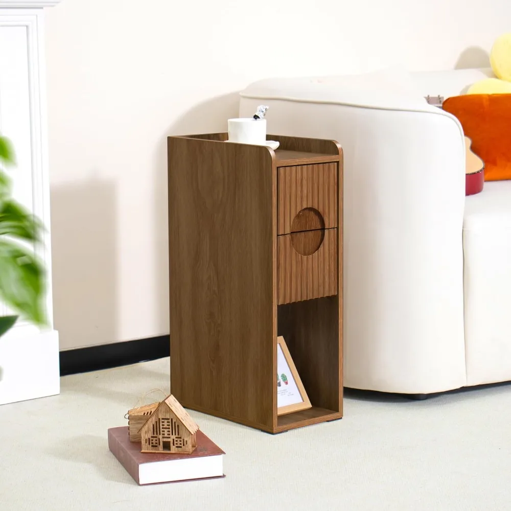 مجموعة منضدة ضيقة مخددة مكونة من 2، منضدة خشبية صغيرة ذات درجين، طاولة جانبية رفيعة، طاولة بجانب السرير عتيقة، مود منتصف القرن #3