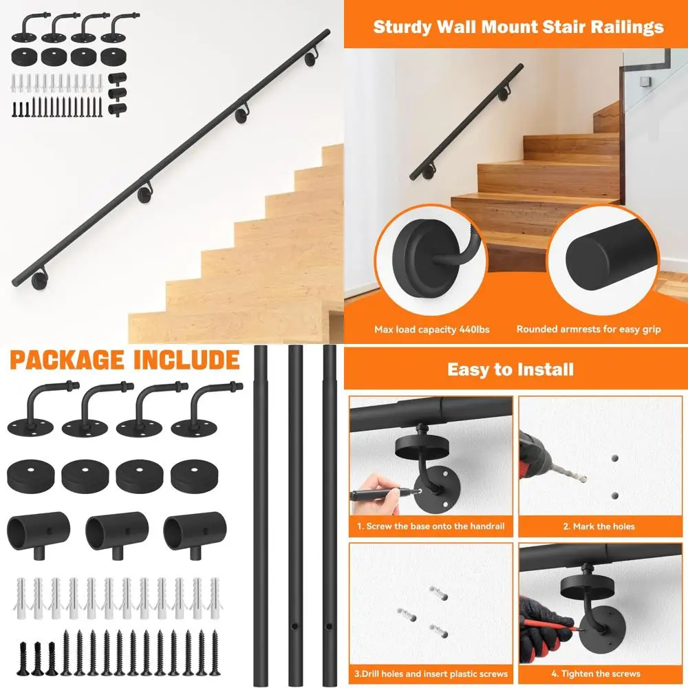 درابزين درج معدني صناعي، درابزين أنبوبي دائري للخطوات الداخلية والخارجية، دعم تثبيت على الحائط للدرج، مناسب لـ