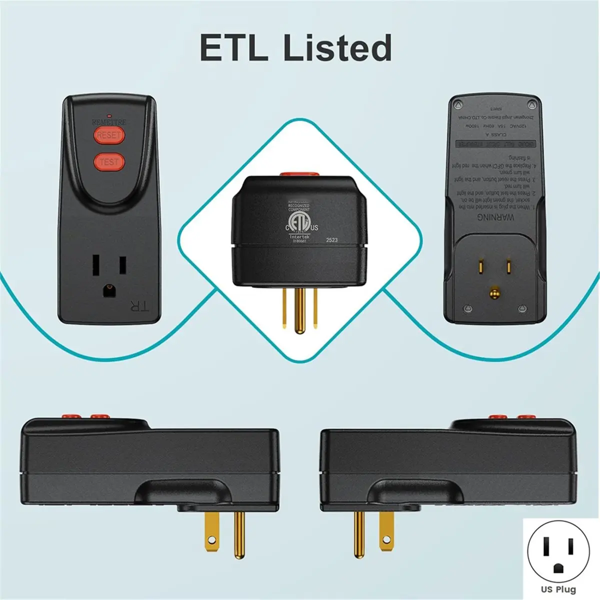 A20I GFCI Adapter 15A 3 Prongs Grounded, Portable Plug-in Ground Fault Circuit Interrupter to Protect Electric US Plug