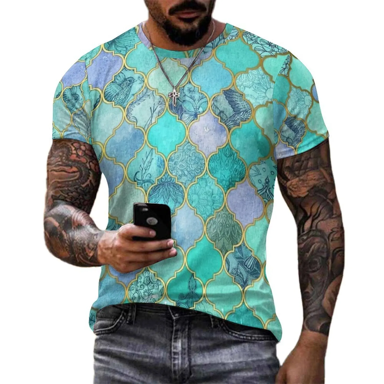 Big Size T-Shirt Summer Lavender Teal Botanical Moroccan Tile T Shirts Streetwear Round Neck Tshirt Men Fashion Design Top Tees
