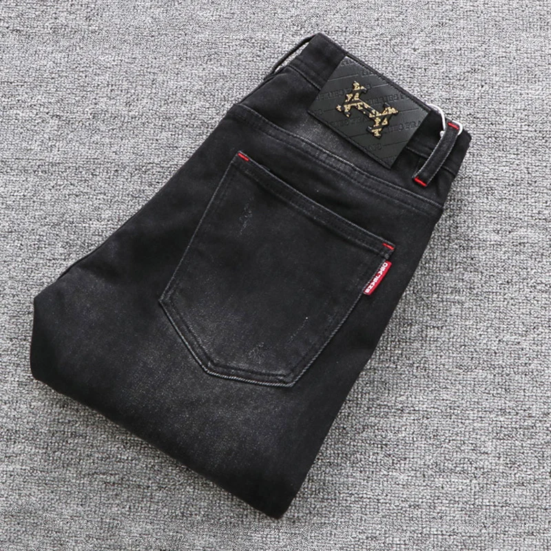 Streetwear Fashion Men Jeans Retro Black Gray Stretch Slim Ripped Jeans Men Patched Designer Hip Hop Elastic Denim Pants Hombre