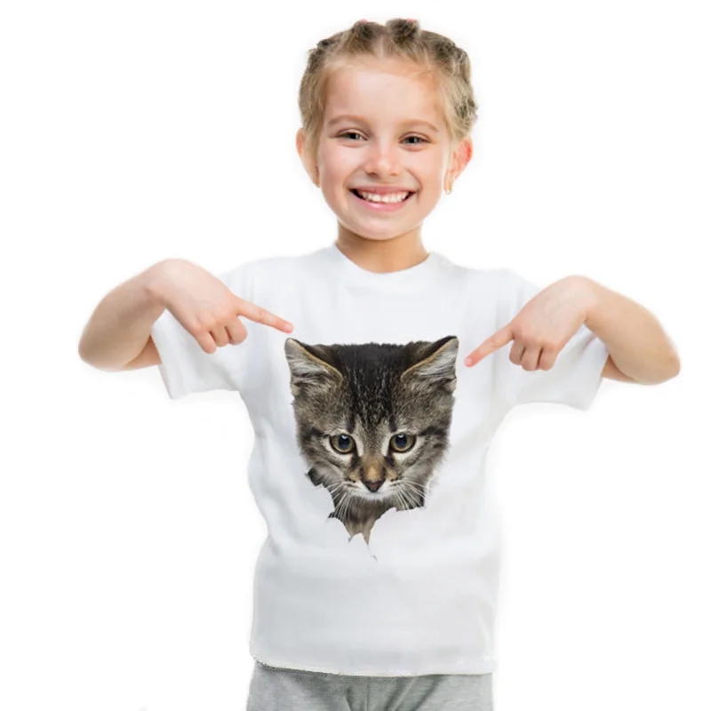 Qiao Skin Cat 3d Cat Broken Paper Cat Print Men's and Women's Children's T-shirt White Casual Short-sleeved Children's Wear