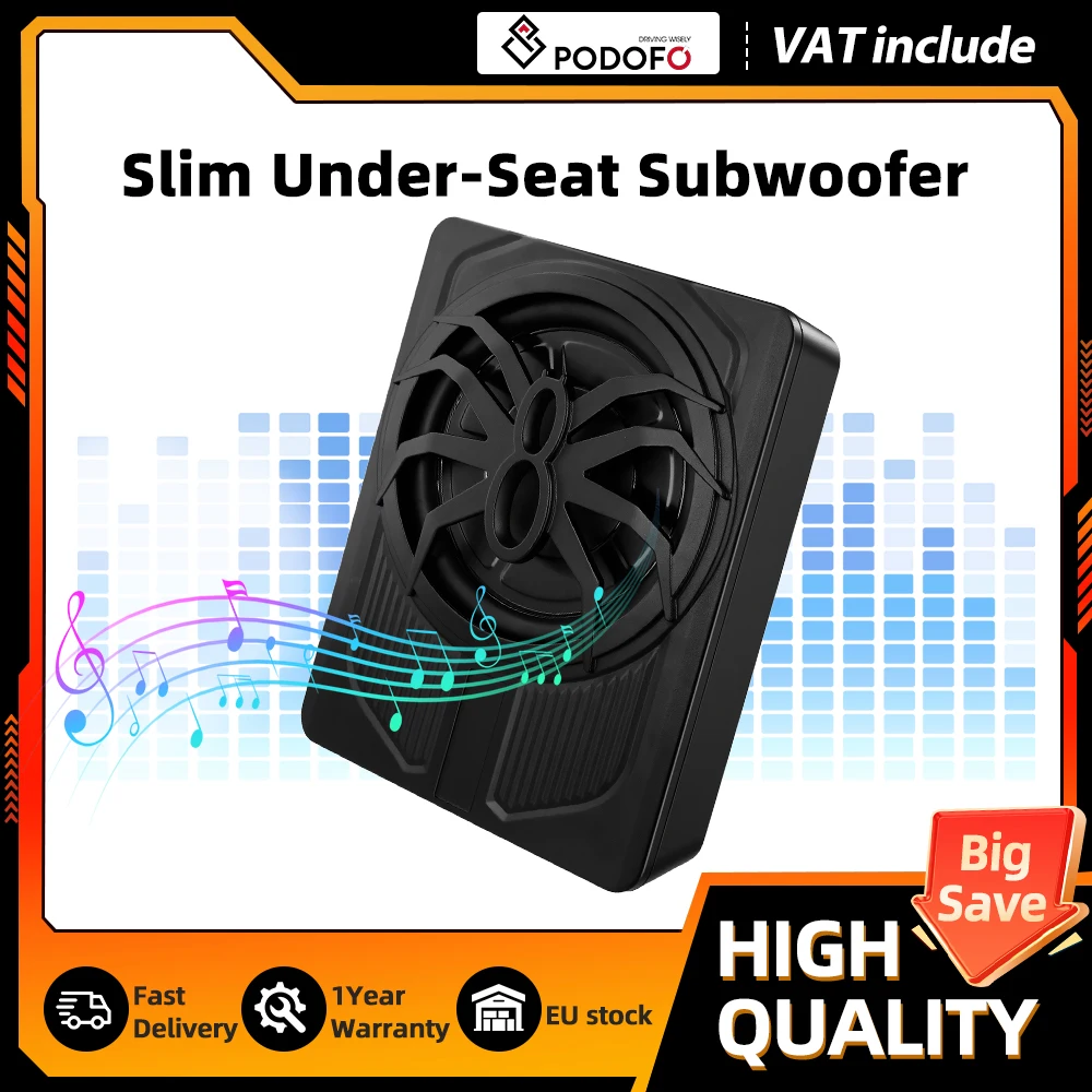 Subwoofer de voiture Podofo ultra-plat 10 pouces 1000W, haut-parleur de basses fin à installer sous le siège, amplificateur intégré, kit complet avec câbles de connexion pour l'installation