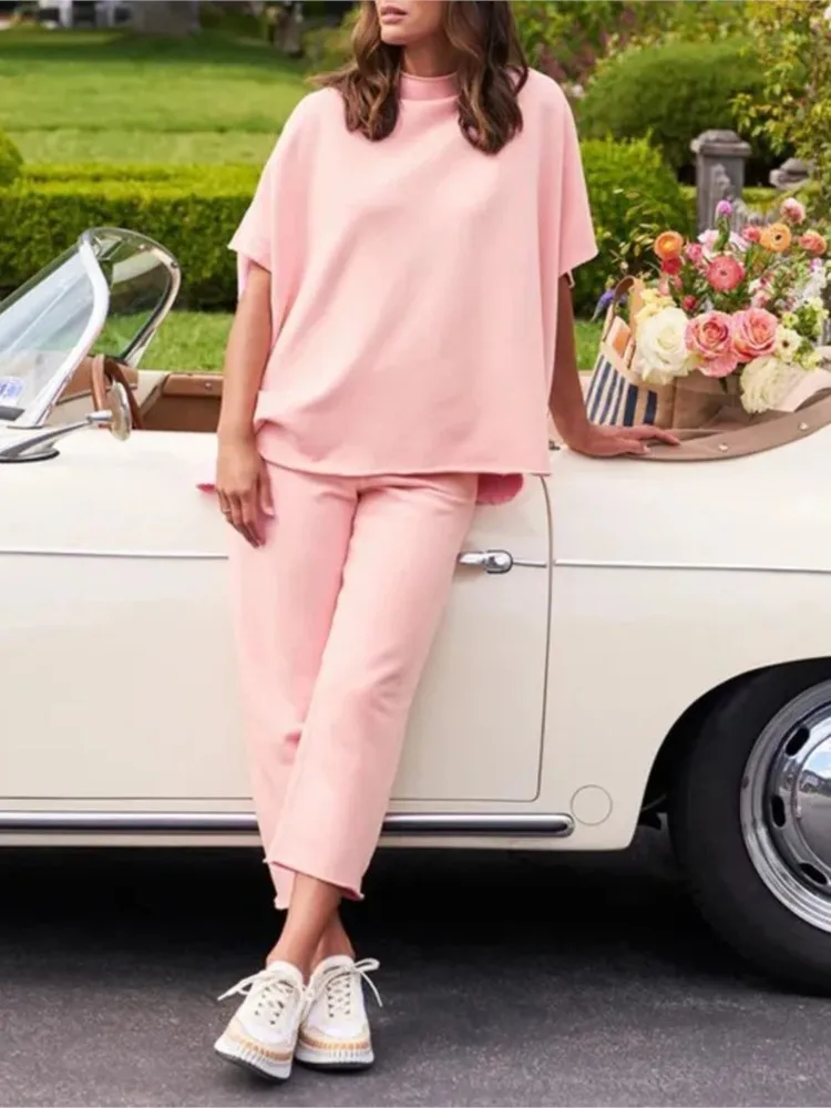 

Spring Summer Casual Solid Color Batwing Sleeves Loose Set Women's Fashion Pullovers Wide-leg Pants New Elegant Two Piece Sets