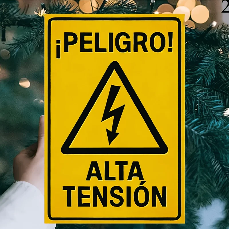 1pc Vintage Spanish High Voltage Warning Sign Durable Iron Wall Art, Yellow Background with Black Text