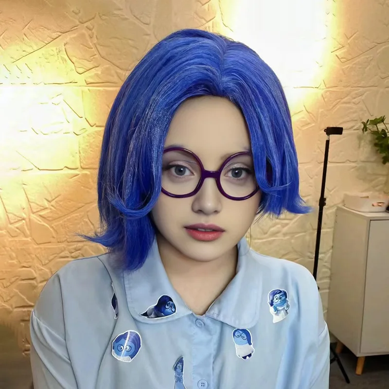 Parrucca per capelli corti blu Inside Out Sadness Joy con simulazione del cuoio capelluto