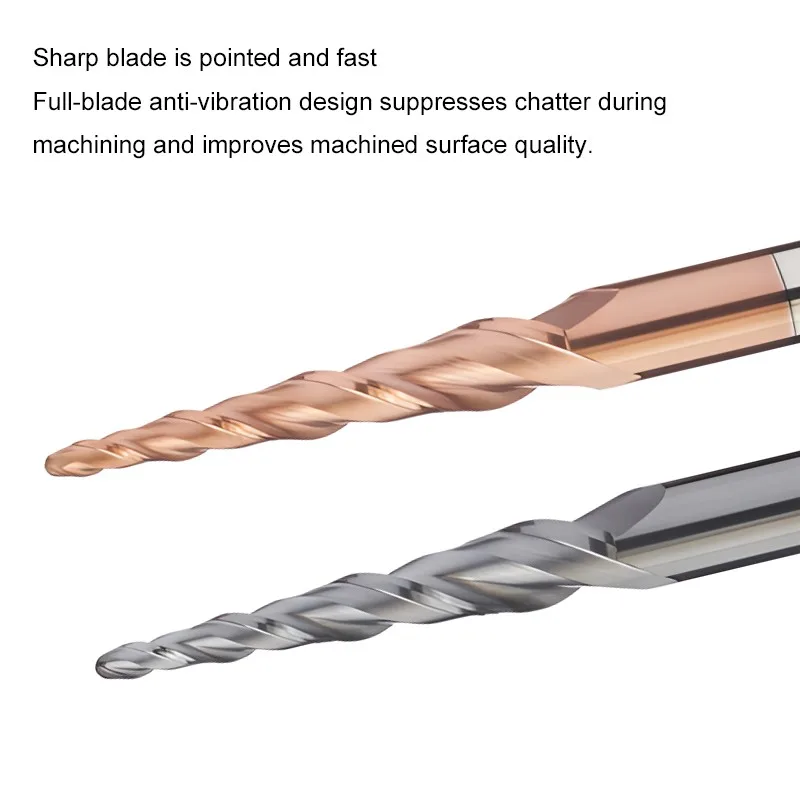 YIFINO Conical Ball End Milling Cutters 2-Flutes Tungsten Steel Carbide R0.25-R2.0mm CNC Endmills HRC55 Extended Milling Cutter